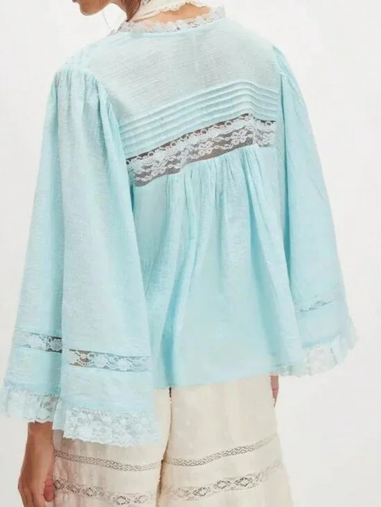 Baby Blue Bohemian Women's V-Neck Long Sleeve Lace-Detail Flared Top - Picture 2 of 3